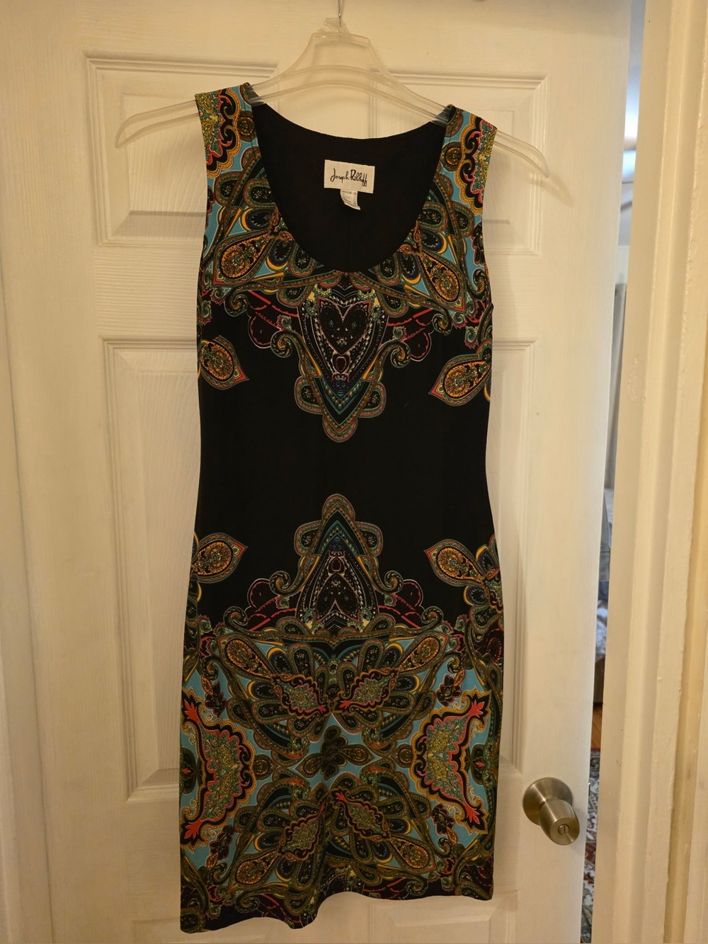 Joseph Ribkoff Black Midi Dress with Teal, Gold & Pink Paisley